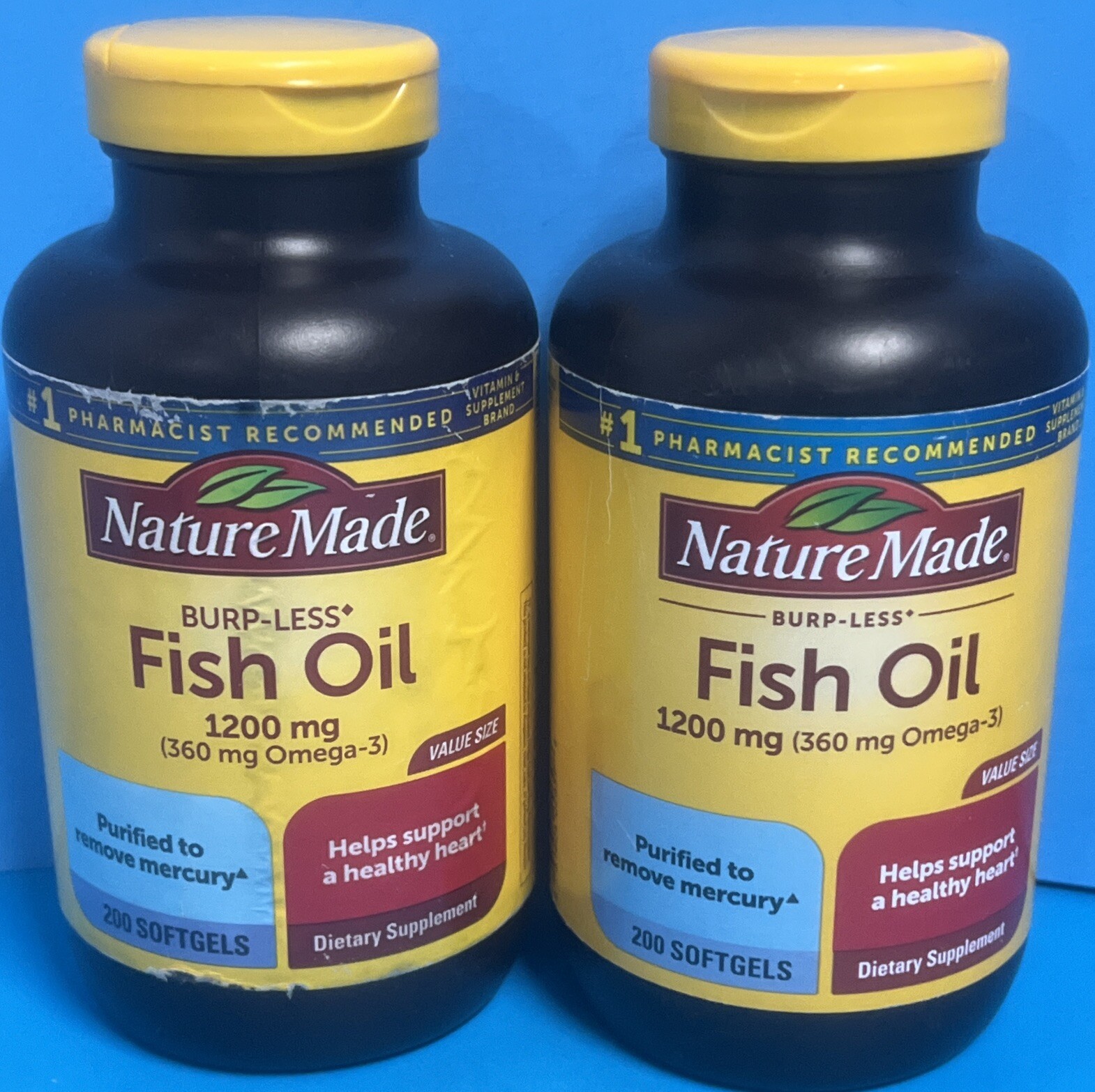 X2 Nature Made Fish Oil BurpLess 1200 mg 200 SoftGels Each Exp 09/