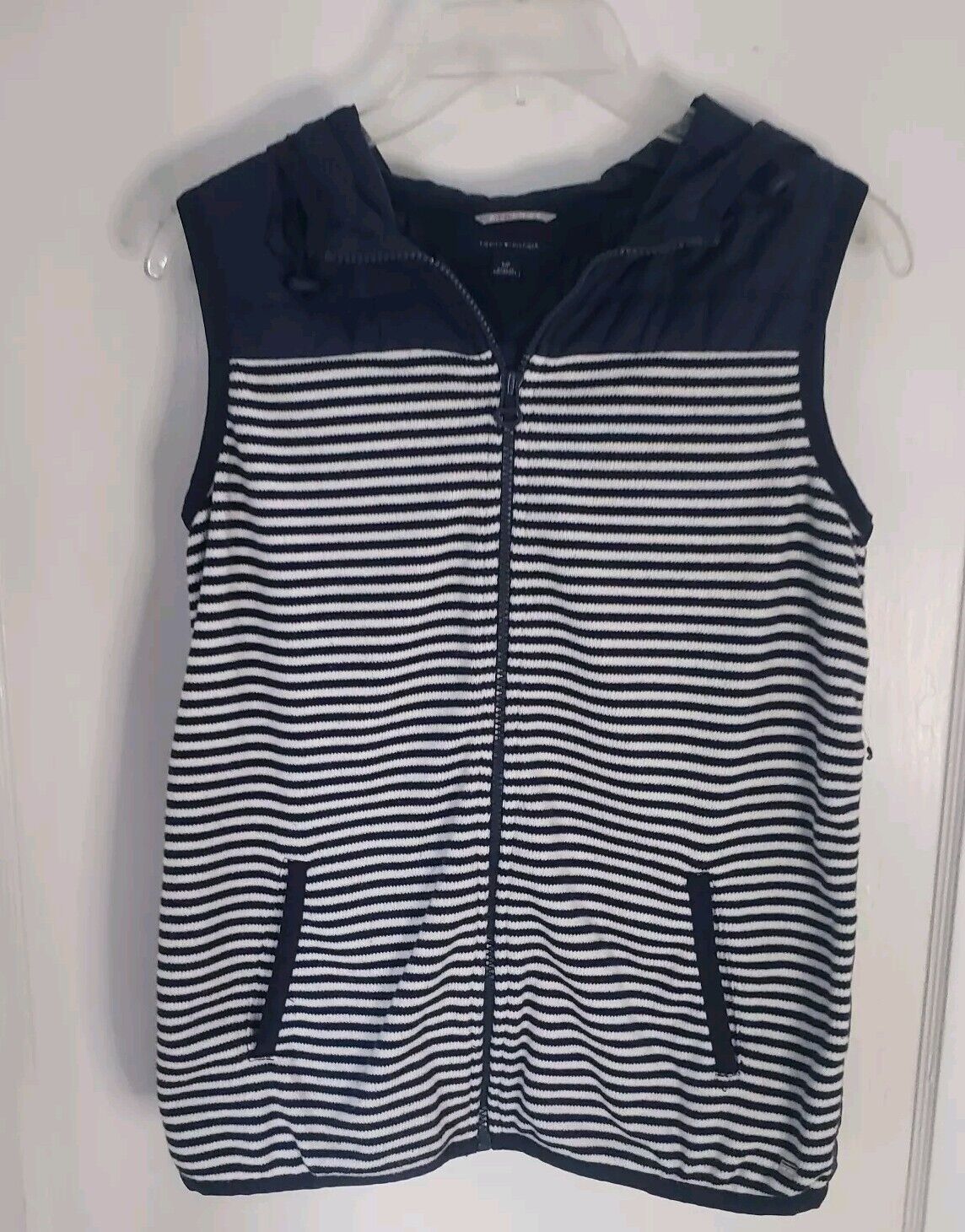 Tommy Hilfiger Women Top Full Zip Athluxe Hooded Puffer Striped Vest Blue Small