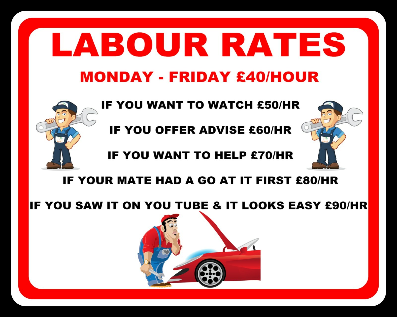 LABOUR RATES PRICE LIST CAR GARAGE MOTOR MECHANIC METAL PLAQUE