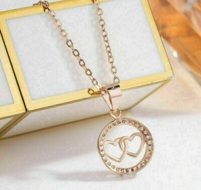 1.00Ct Round Simulated Diamond Women's Double Heart Pendant 14K Rose Gold Plated