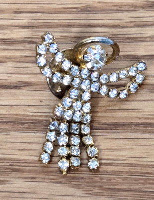Angel pinback lapel hat pin Rhinestones gold tone dangle skirt 1 1/4 ...