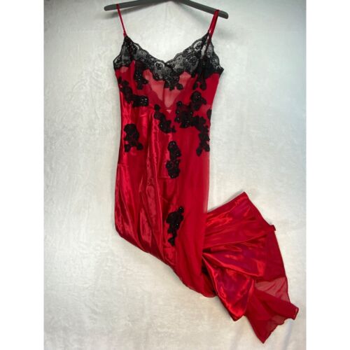 Frederick's of Hollywood slip dress Red Lingerie Gown Black Lace Trim Size L y2k