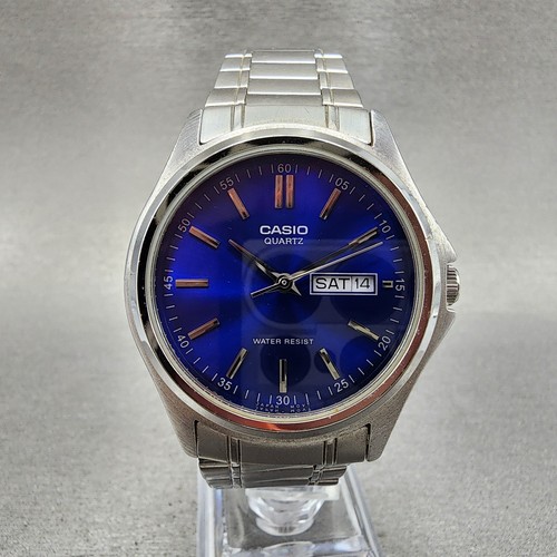 Casio Watch Men 37mm Blue Dial Silver Tone Daydate MTP-1239DJ New Battery - 第 1/11 張圖片