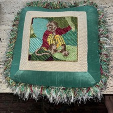 Whimsical Vintage Monkey Needlepoint Pillow w Fringe & Beaded Detail