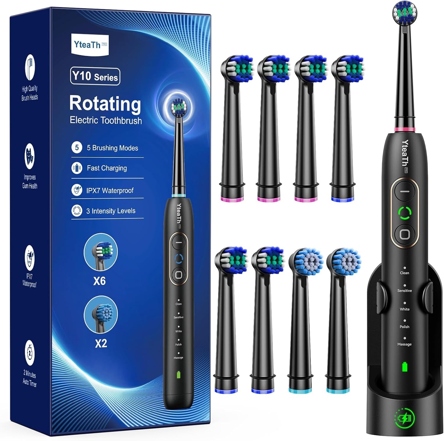 Rotating Electric Toothbrush with 8 Brush Heads for Adults and Kids, 3 Intensiti