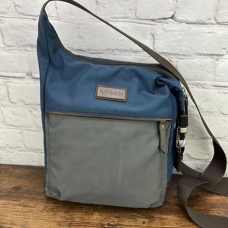 Bolso de viaje Coach azul marrón y gris bloques de colores borde de cuero de viaje F70942 Foto 2 de 4