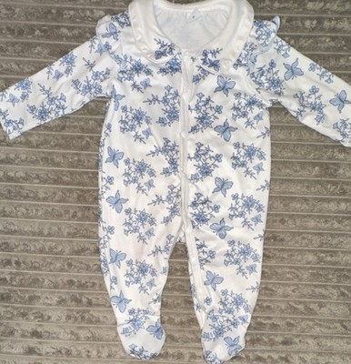 SHEIN White & Blue Floral Butterfly Long Sleeve One-Piece Coverall Ruffle Collar