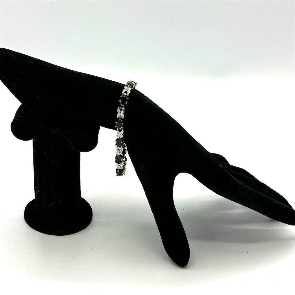 Black Onyx Cubic Zirconia Tennis Bracelet Yellow Gold Plated with XO Motif