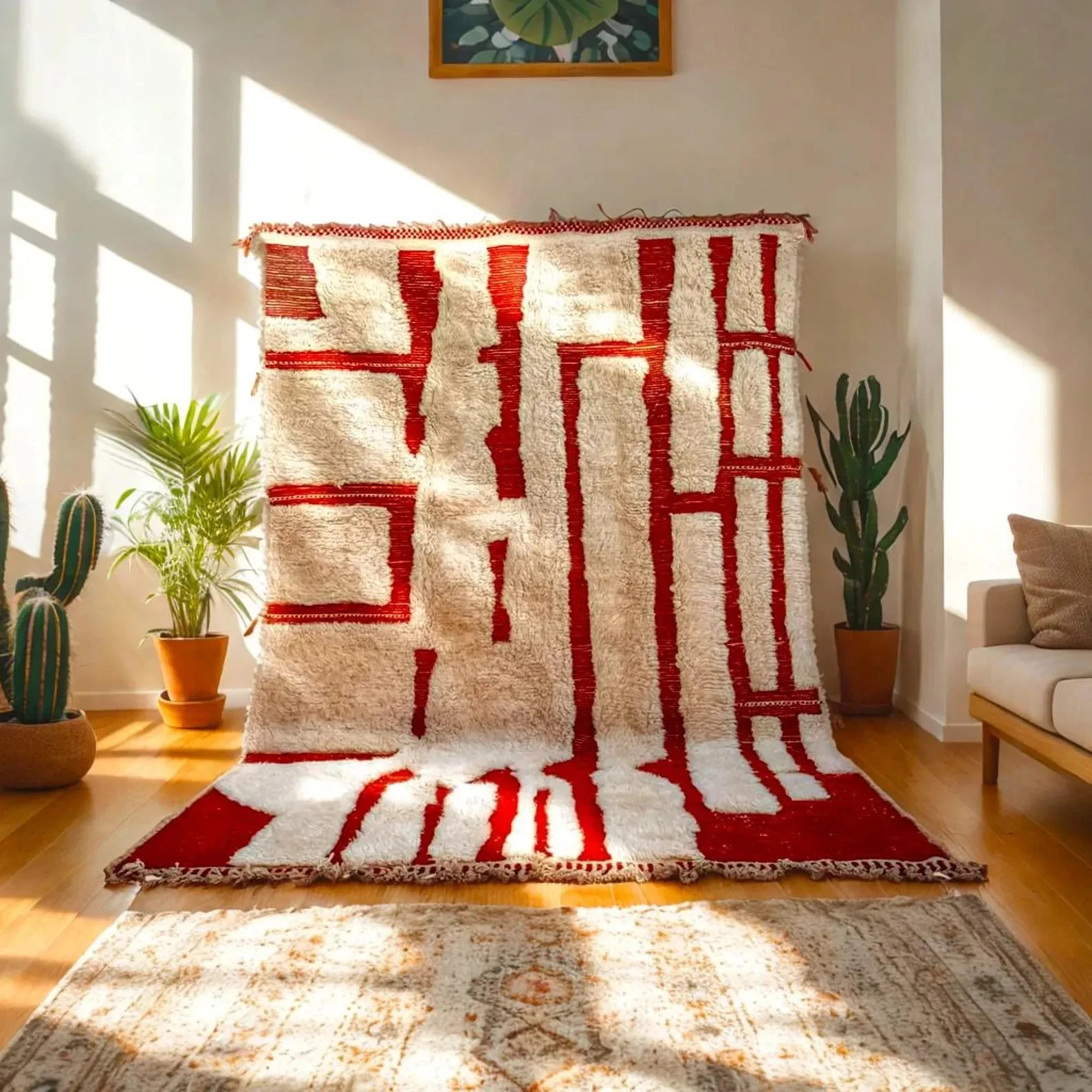 Handmade Moroccan Berber Beni Wool Rug Color Red & White Design Carpet Rug