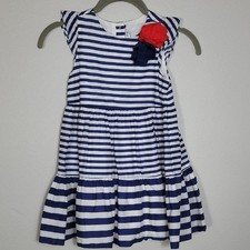 Janie Jack Striped Ruffle Dress Size 5 Navy White Rosette Cotton Preppy Lined