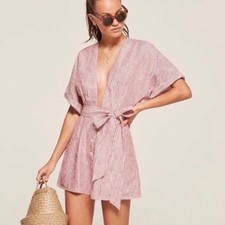 Reformation 100% Linen Striped Cecilia Kimono Mini Dress Red White Womens Size 4