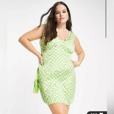 ASOS Curve Size 12 Green Chekered Print  Satin Mini Dress New