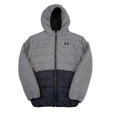 Kids Under Armour Storm Black Gray Hooded Puffer Jacket Reversible Zip Up L