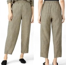 Eileen Fisher Womens Washed Organic Linen Delave Lantern Pants Green Tan L