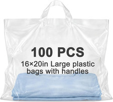 100 Pack 16" X 20" Large Clear Plastic Shopping Bags with Handles