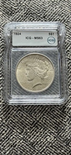 1924 $1 Silver Peace Dollar ICG Certified MS63 US Graded Coin Slab 90%