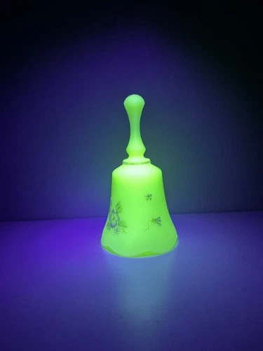 Vintage Fenton Hand PaintedCustard Glass Bell PinkFlowers Sugared Uranium