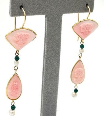 14kt Rose Gold Cameo Earrings Torre del Greco Malachite Pearls