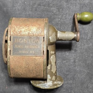 Vintage Boston Model KS Hand Crank Pencil Sharpener Desk Mount Olive Green