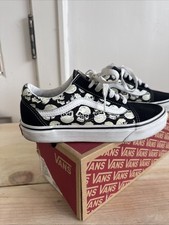 Vans Old Skool Shoes M Sz 6- W Sz 7.5 Black White Skull Print Canvas Suede Skate