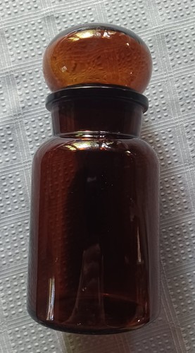 VTG Amber Glass Apothecary Jar Bubble Lid Belgium Canister Pharmacy MCM 8 1/2"H - Picture 2 of 10