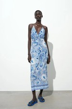 ZARA ZW COLLECTION LINEN BLEND BLUE PRINT DRESS Size M 