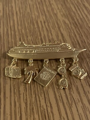 Vtg JJ Let's Go On A Cruise Ship Brooch Pin Boat Dangle Charms Goldtone 2 3/4''