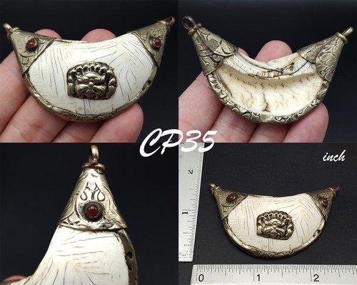 Meraviglioso ciondolo argento tribale NAGLAND inciso leone conchiglia Tibet Nepal CP35 - Foto 7 di 7