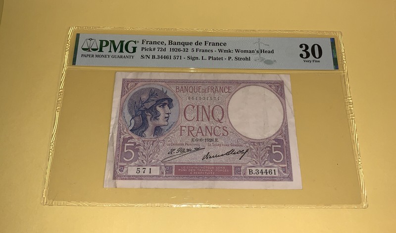 PMG France, Banque de France 5 Francs Banknote 1926 VF 30 p72d 