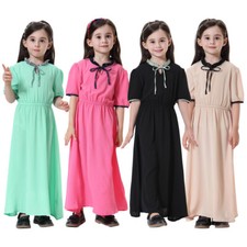 Muslim Kids Girls Short Sleeve Maxi Dress Islamic Kaftan Abaya Casual Robe Arab
