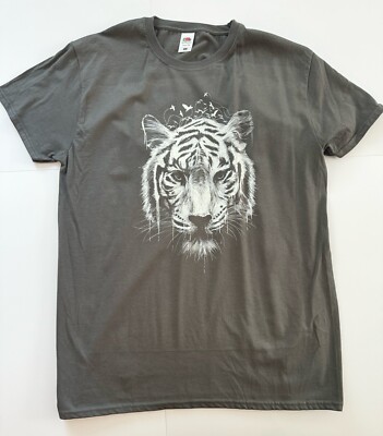 Mens Large Gray/White Psychedelic Tiger Head  T Shirt 19 Inches Armpit to Armpi