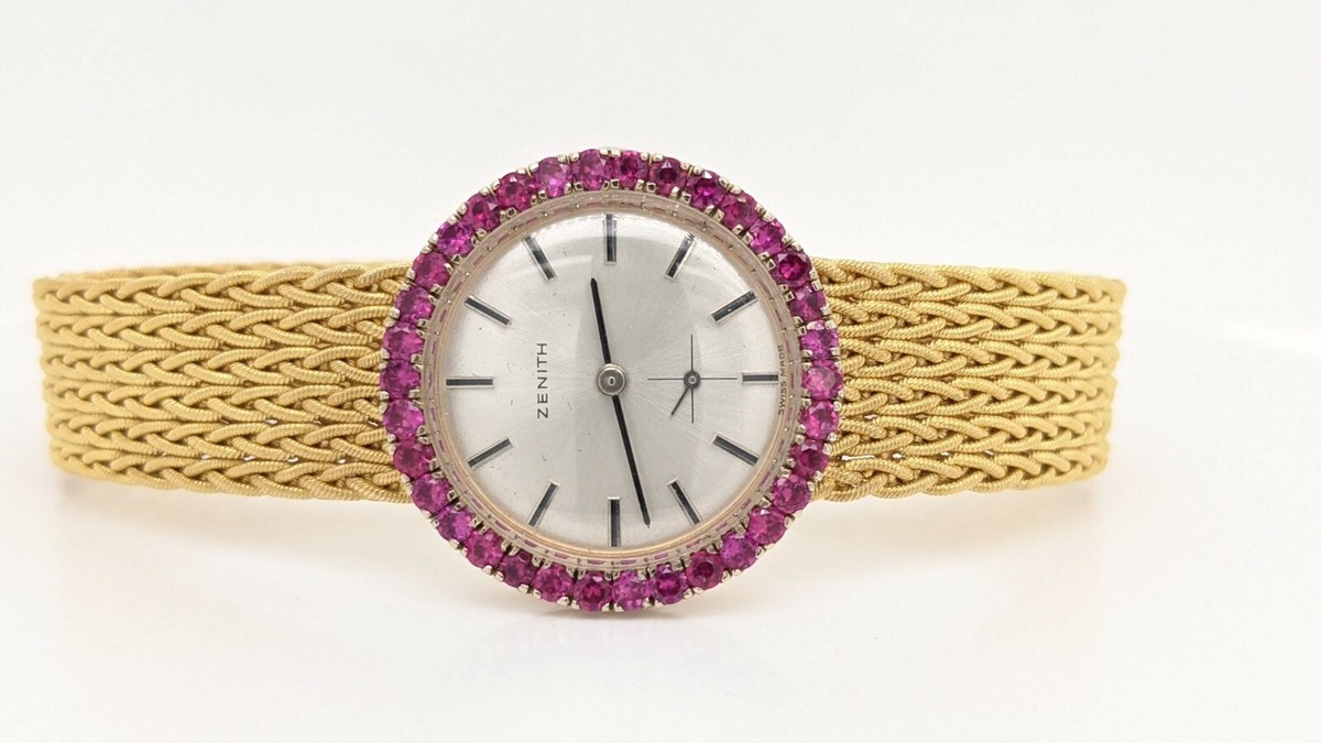 Vintage Zenith 18K Gold & Pink Sapphire Hand Winding Watch - 26mm