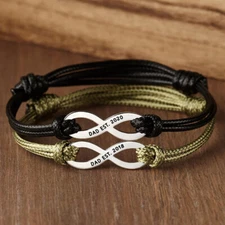 Vassago Couple Custom Infinity Leather Bracelets Engraved Name Coordinate Bangle