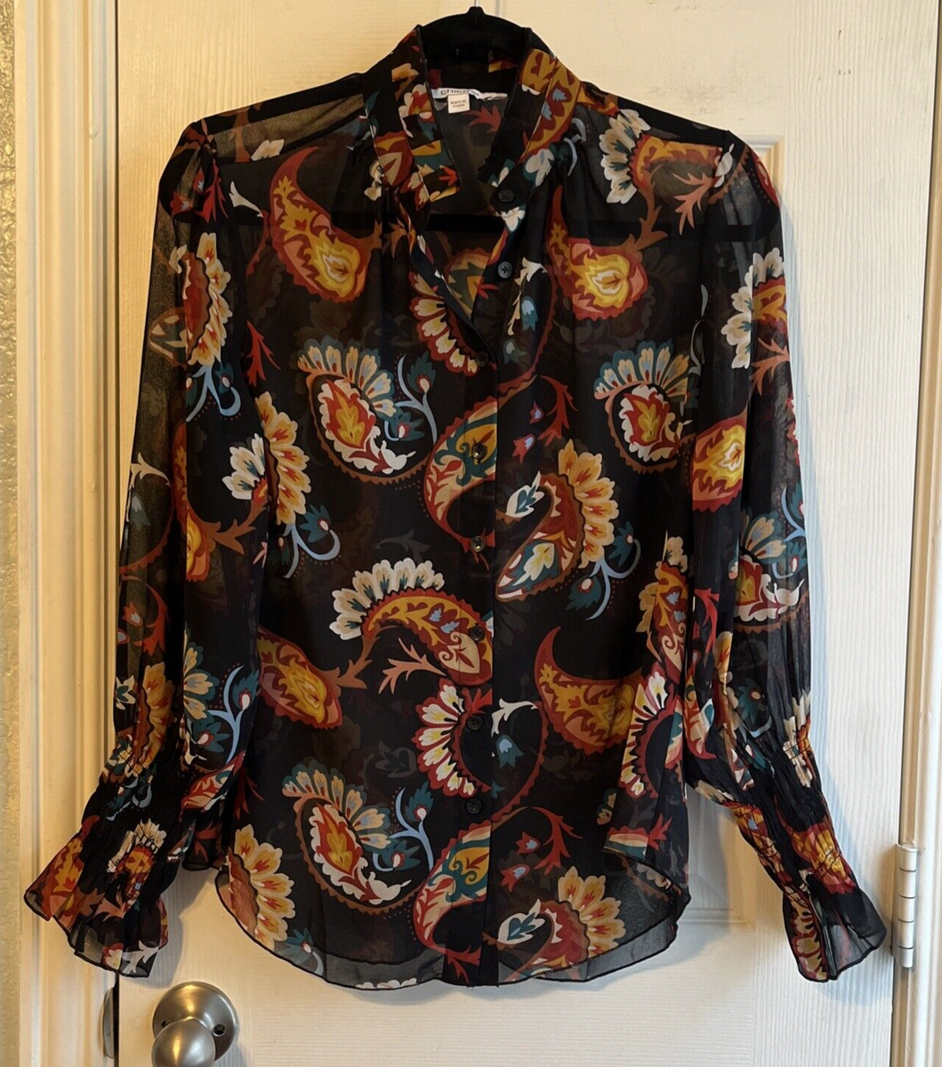 order　FABRIC ⑦ Chico's Black & Orange Chiffon Paisley Sheer Button Down Shirt