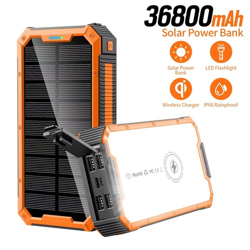 36800mAh Wireless Solar Power Bank Fast Charger External Battery Camping Light - Photo 2 sur 17