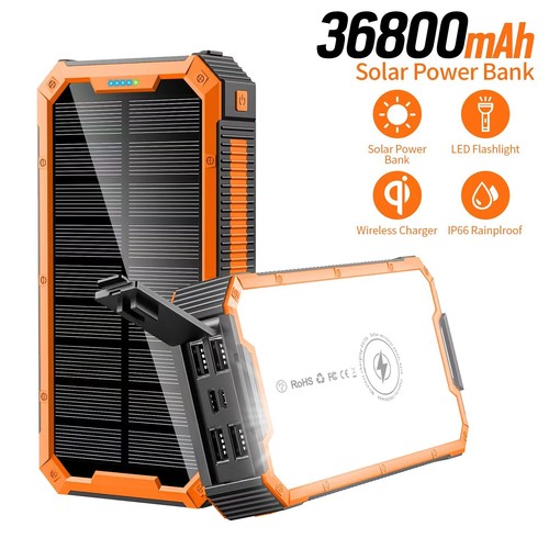 36800mAh Solar Power Bank Wireless Fast Charger External Battery Camping Light - Afbeelding 1 van 17