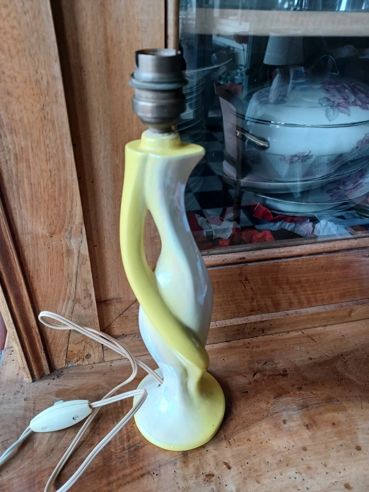 LAMPE/ART DECO PIED FAIENCE/ABAT JOUR TISSU 32CM - Photo 4/4