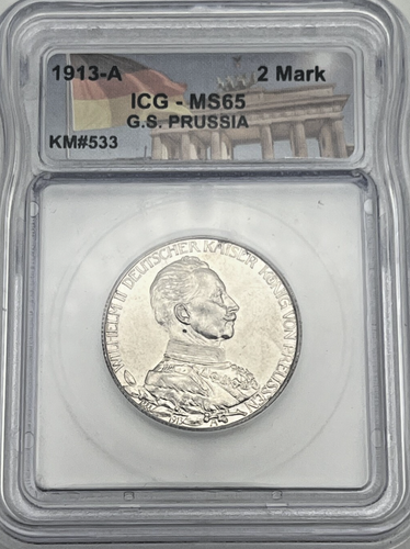 1913-A Germany 2 Marks Prussia KM#533 Silver .900 ICG MS65 Mint State BU UNC