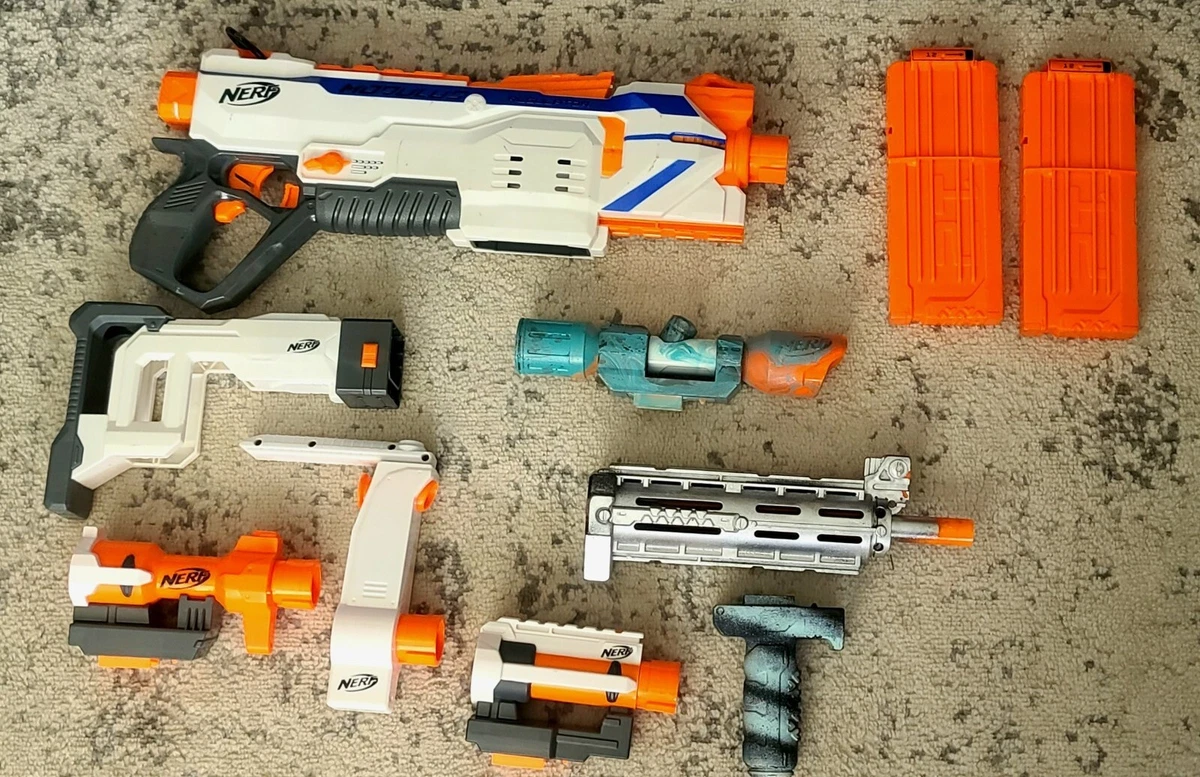 NERF MODULUS REGULATOR W 5 MOD PARTS 2 12 DART CLIPS SLIGHTLY USED