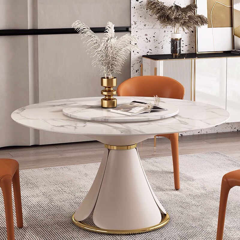 Round Marble Dining Table Stainless Steel Gold Legs Free Lazy Susan White  New - Main Image