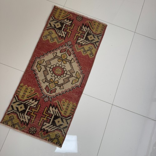 Oriental Handwoven Wool Turkish Accent Rug, 1x3 ft Vintage Oushak Carpet - Picture 3 of 10