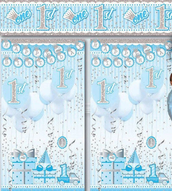 Boy 1st Happy Birthday Scene Setter first Party blue wall decoration presents - Image 2 of 2