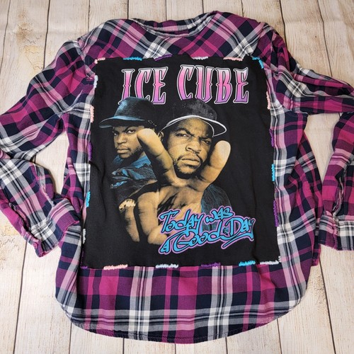 Upcycled Ice Cube Band Tee Plaid Shirt, size XL - Today Was a Good Day