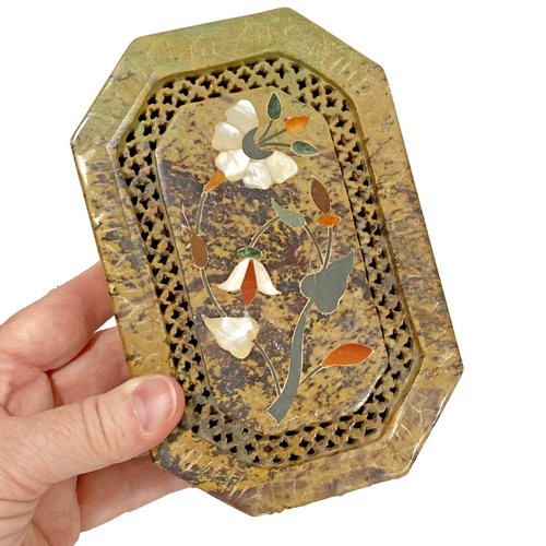 Schmuckset Schmuckbox & Deckel Schnitzerei Stein Marmor Perlmutt Inlay Blume Design - Bild 3 von 11
