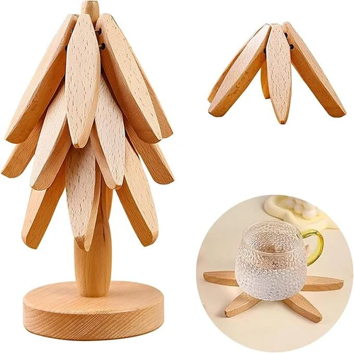 Tree Shape Wooden Trivets for Hot Dishes Pot Teapot - 3 Wooden Trivet + 1 Stand - Picture 4 of 12