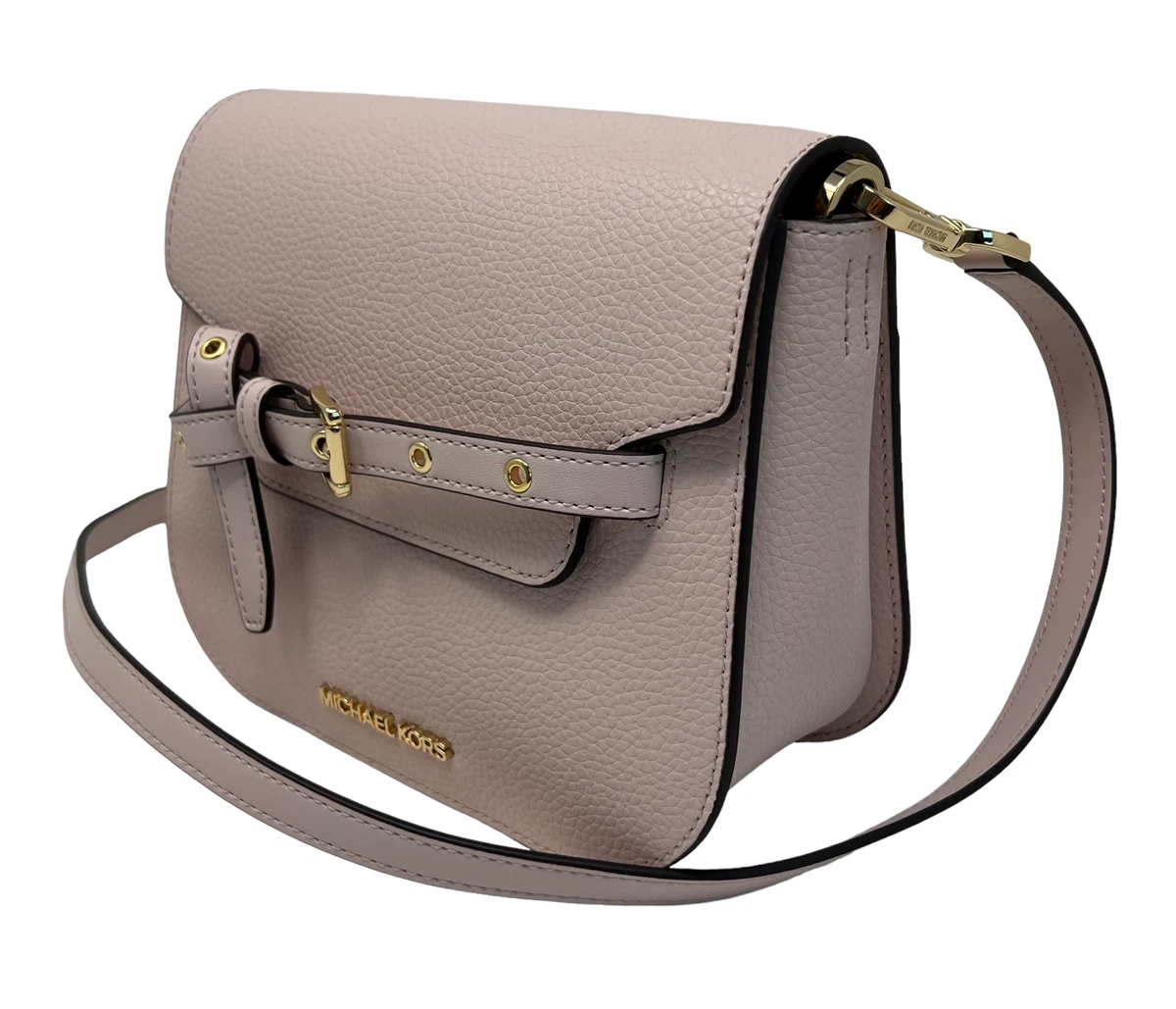 Michael Kors Emilia Small Saddle Flap Crossbody Satchel Gold Tone Powder  Blush