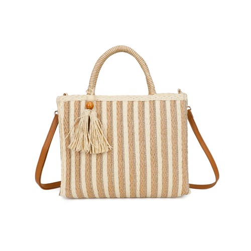 Boutique gewebte Strohtasche Damen Quasten Deko Streifen Muster Medium Beuteltasche Schulter - Bild 10 von 22