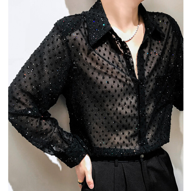 Uomo Brillantini Lucido Maglia Paillettes Rete Strappato Semi