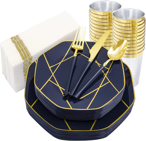 140PCS Blue Plastic Plates, Octagonal Gold Rimmed Dinner & Dessert Plates, Blue - Picture 11 of 12