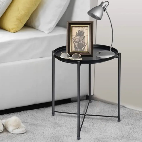 Mesa De Centro Moderna Con Bandeja Diseño Superficie Circular Metal Negro - Imagen 7 de 7